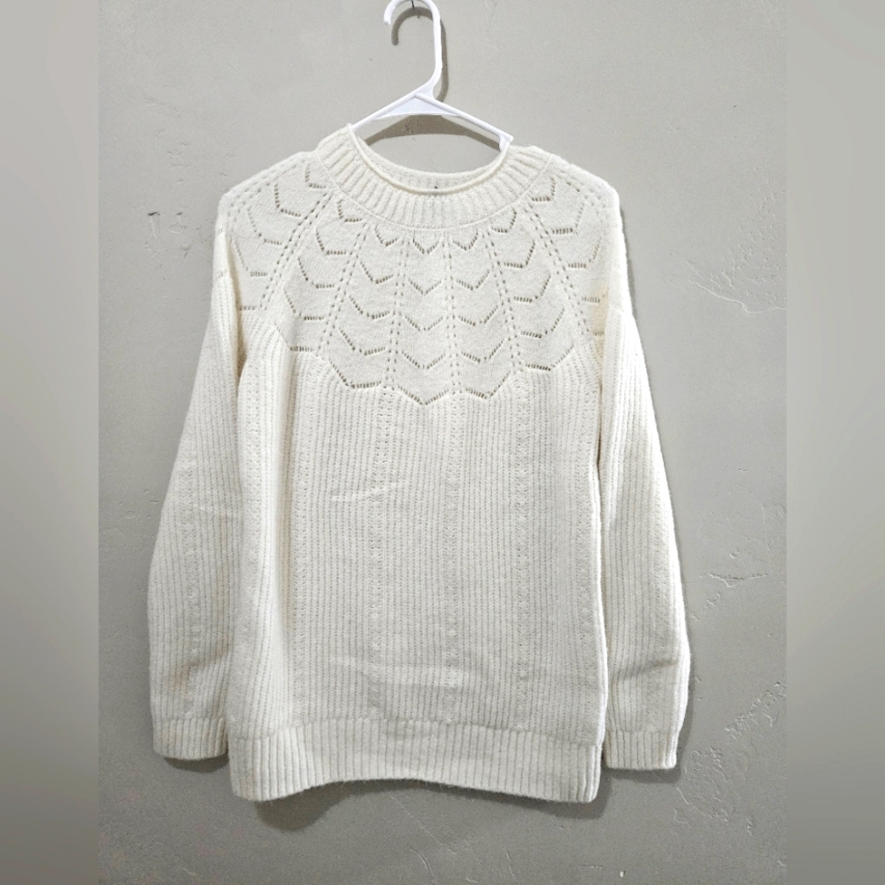 Talbots Crew Neck alpaca wool blend Sweater Cream Chevron Design Small